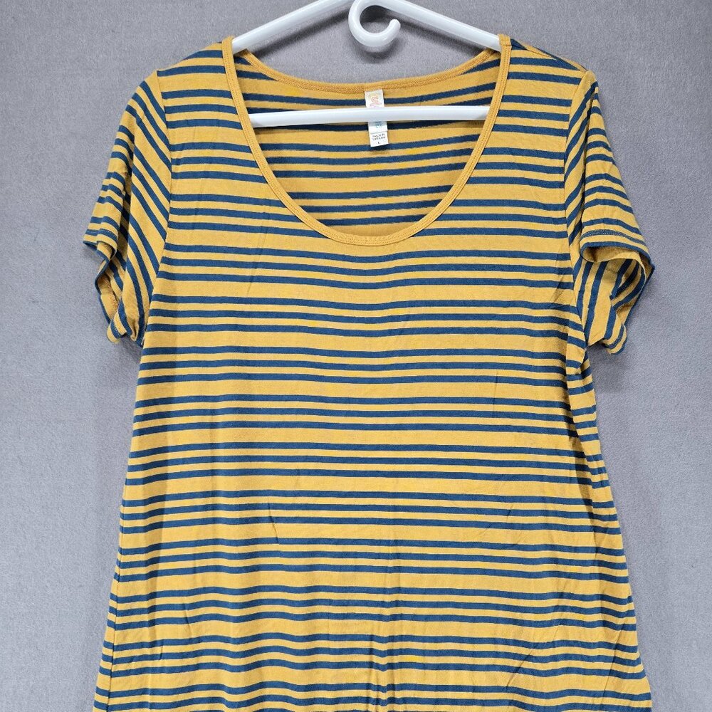 LuLaRoe Women's High/Low Short Sleeve T-shirt, Yellow/Blue Striped, Large